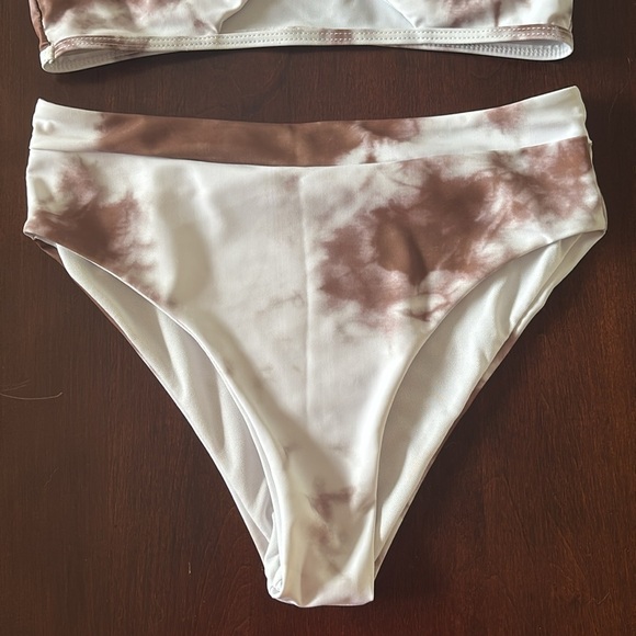 Brand New Tie Dye High Waisted Bikini Set White Brown 2-Piece Swimwear Bra Cups - Picture 7 of 16